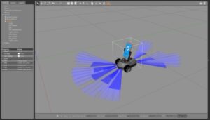 Un modelo de robot con ruedas está en un entorno digital, proyectando rayos azules en forma de abanico alrededor. La interfaz de software a la izquierda muestra propiedades y valores del objeto.